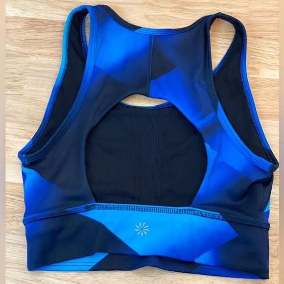Athleta Sport Bra Keyhole Back‎ Reflective Logo Geometric Black Blue Size S - Picture 2 of 10